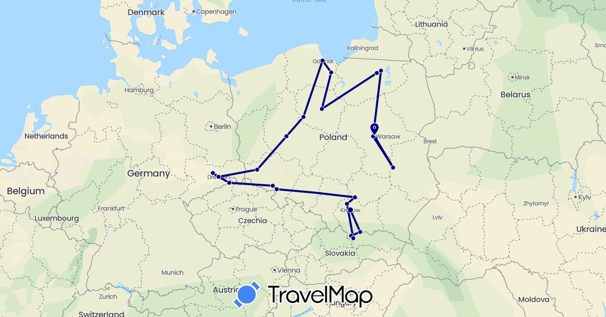 TravelMap itinerary: driving in Czech Republic, Germany, Poland, Slovakia (Europe)